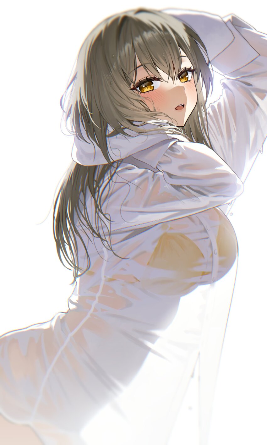 1girl absurdres arms_up ayoni_623 bikini bikini_visible_through_clothes blush breasts drying drying_hair drying_own_hair from_side grey_hair highres honkai:_star_rail honkai_(series) looking_at_viewer medium_breasts naked_shirt open_mouth shirt solo stelle_(honkai:_star_rail) swimsuit towel trailblazer_(honkai:_star_rail) upper_body wet wet_clothes wet_shirt white_background white_shirt yellow_bikini yellow_eyes