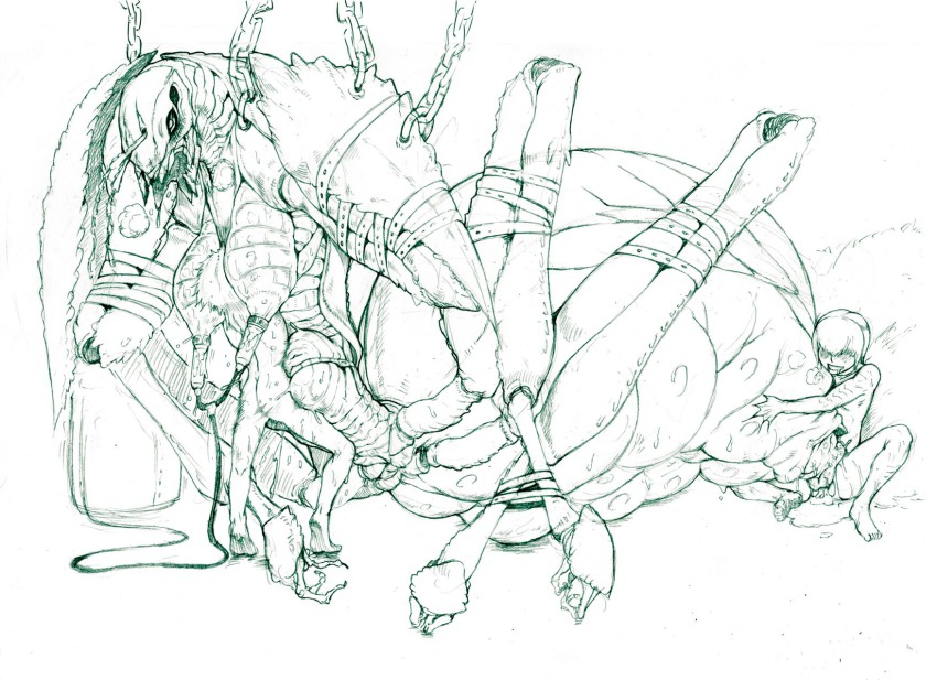 1girl 2boys ass bdsm bestiality bondage bound breasts bug chain claws cum cum_in_pussy dokumushi feet highres interspecies lactation mantis monochrome multiple_boys paizuri penis pincers sex simple_background size_difference sweat toes vaginal white_background