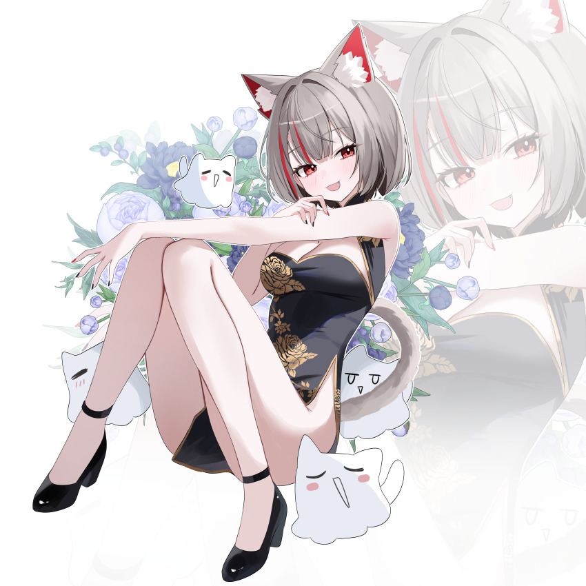 1girl absurdres animal_ear_fluff animal_ears black_dress black_nails black_shoes breasts cat_ears cat_girl cat_tail china_dress chinese_clothes cleavage dress fang floral_background floral_print full_body grey_hair high_heels highres looking_at_viewer mole mole_on_breast multicolored_hair nannung neneko_mashiro no_panties open_mouth red_eyes red_hair red_nails shoes short_hair simple_background sitting sleeveless sleeveless_dress smile stellive streaked_hair tail virtual_youtuber white_background zoom_layer