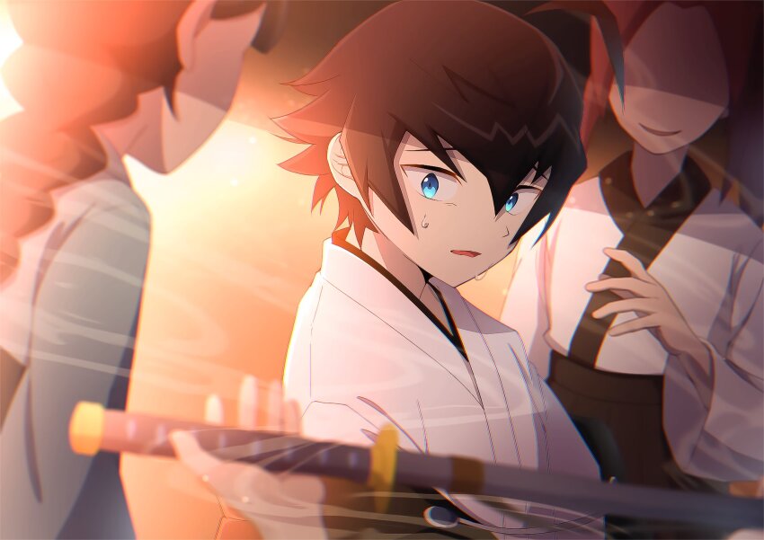 1boy 2girls ahoge atltax_00 black_hair black_skirt black_trim blue_eyes braid brown_hair dappled_sunlight evening evil_grin evil_smile faceless faceless_female facing_another facing_to_the_side grey_kimono grin highres holding holding_sheath holding_sword holding_weapon indoors japanese_clothes kimono light_particles looking_at_another looking_at_object multiple_girls nervous_sweating offering_hand open_mouth orange_hair parted_bangs ponytail sheath sheathed skirt smile sougetsu_manabu sunlight sweat sweatdrop sword weapon white_kimono yu-gi-oh! yu-gi-oh!_go_rush!!