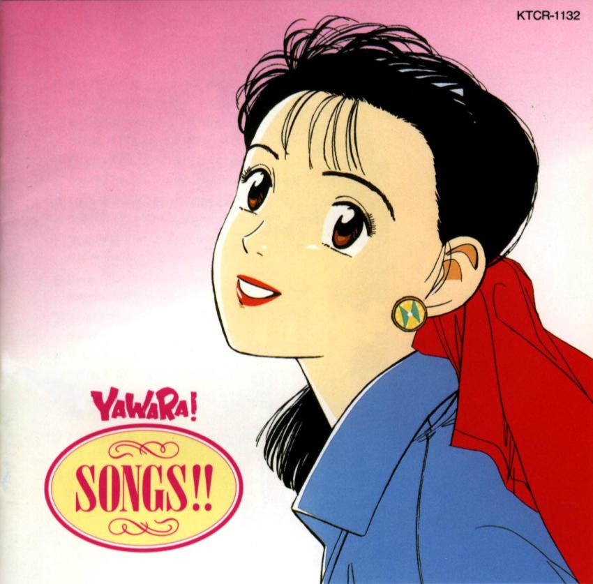 1990s_(style) 1girl :d black_hair brown_eyes close-up copyright_name earrings female_focus gradient_background highres inokuma_yawara jewelry lipstick looking_at_viewer makeup open_mouth pink_background retro_artstyle short_hair simple_background smile solo sweater teeth upper_body yawara_a_fashionable_judo_girl