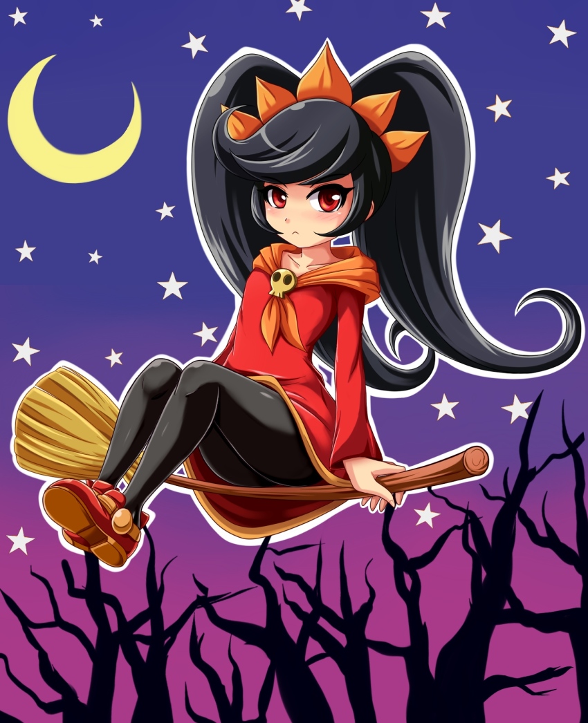 1girl ashley_(warioware) big_hair black_hair black_pantyhose blush broom broom_riding closed_mouth collarbone crescent_moon dress female_focus flat_chest full_body gradient_background hairband halloween highres long_hair long_sleeves moon neckerchief nintendo orange_hairband orange_neckerchief outline pantyhose red_dress red_eyes red_shoes shoes sidesaddle sigurd_hosenfeld skull solo star_(symbol) tree two-tone_background upskirt very_long_hair warioware white_outline