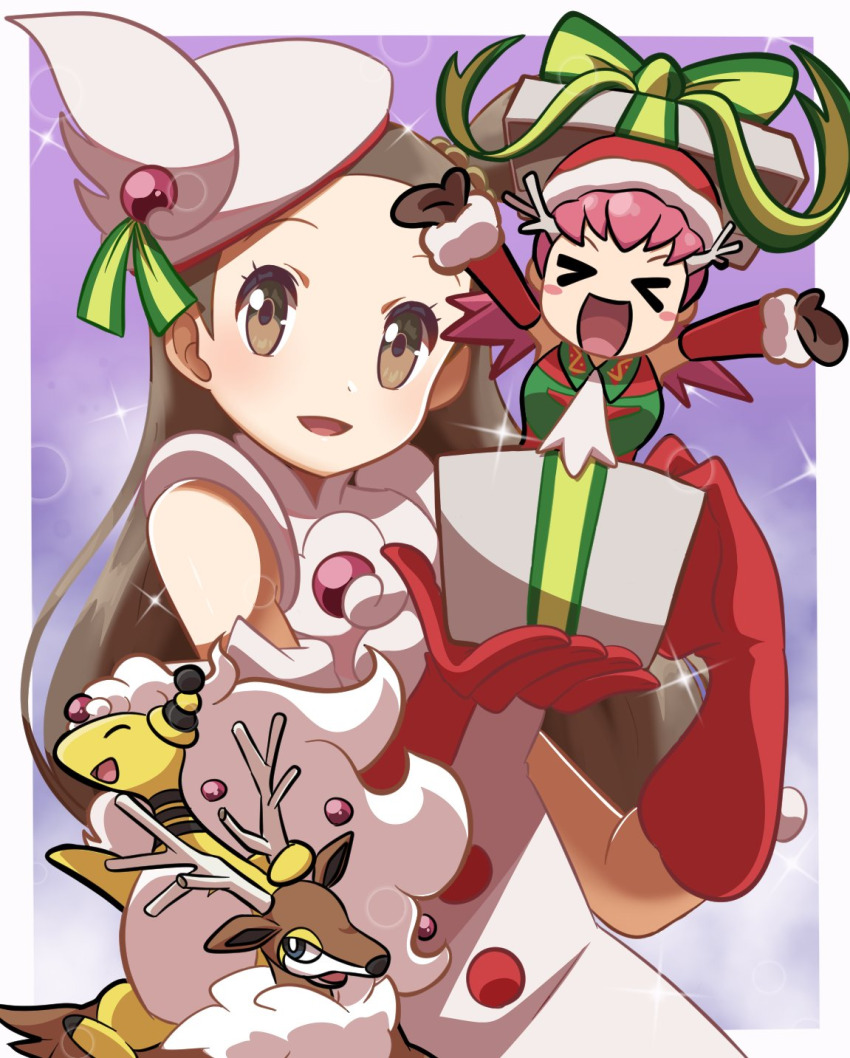 ampharos box brown_hair chibi christmas dress gen_2_pokemon gen_5_pokemon gift gift_box gloves hat highres jasmine_(holiday_2022)_(pokemon) jasmine_(pokemon) long_hair mega_ampharos mega_pokemon nintendo pink_hair pokemon pokemon_(creature) pokemon_masters_ex red_gloves santa_costume santa_hat saon101 sawsbuck sawsbuck_(winter) short_hair sleeveless white_dress whitney_(holiday_2022)_(pokemon) whitney_(pokemon)