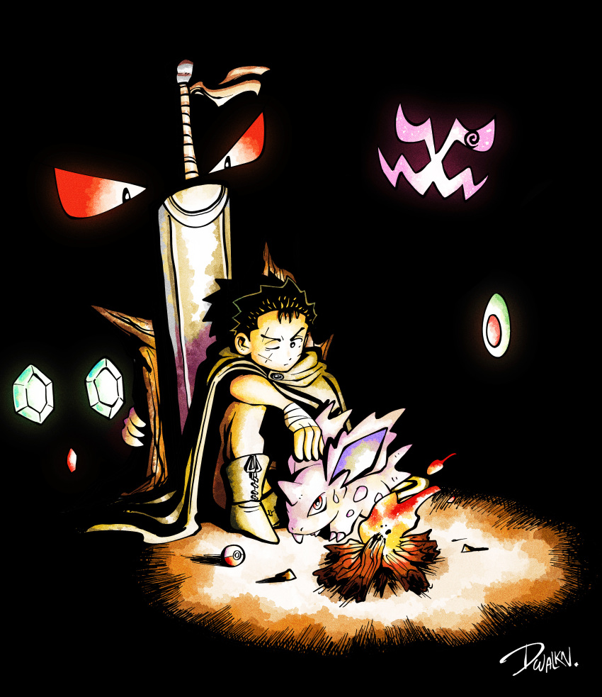 1boy absurdres arm_on_knee arm_up bandaged_hand bandages berserk black_eyes black_hair boots campfire cape commentary cross_scar crossover dusclops dwalkn english_commentary expressionless eyes_in_shadow full_body gen_1_pokemon gen_3_pokemon gen_4_pokemon gengar guts_(berserk) highres in_shadow male_focus nidoran nidoran_(male) night nintendo one_eye_closed outdoors pants parody planted planted_sword planted_weapon poke_ball pokemon pokemon_(creature) red_eyes sableye scar scar_on_face short_hair signature sitting spiritomb style_parody sugimori_ken_(style) sweatdrop sword weapon