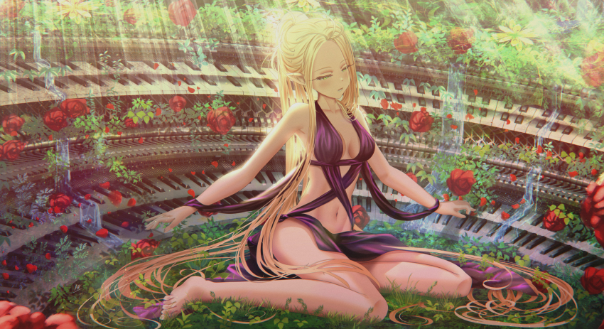 barefoot blonde_hair breasts cleavage elf fantasy flower green_eyes highres instrument kein_hasegawa long_eyelashes long_hair medium_breasts music navel official_art on_floor open_mouth organ_(instrument) original playing_instrument pointy_ears thighs very_long_hair