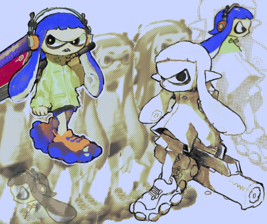 1girl deformed flingza_roller_(splatoon) halftone headphones highres inkling inkling_girl inkling_player_character jacket long_sleeves multiple_views nintendo pale_skin plastiboo pointy_ears shoes short_bangs shorts sneakers splatoon_(series) teeth tentacle_hair