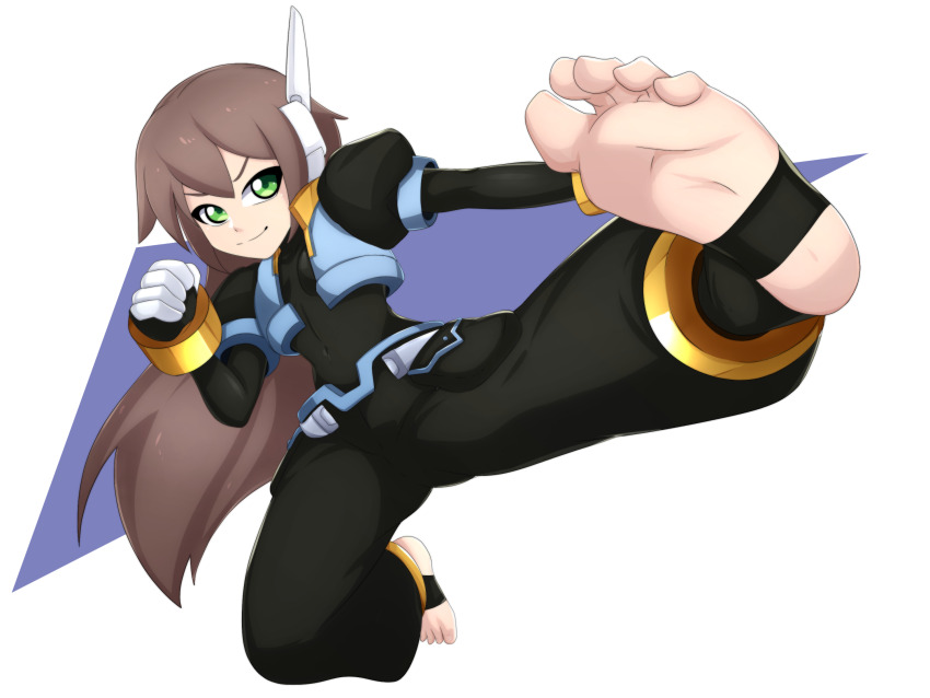 1girl aile_(mega_man_zx) alternate_universe ankle_cuffs axasempai barefoot black_bodysuit black_pants bodysuit bodysuit_under_clothes brown_hair gloves green_eyes highres kicking long_hair mega_man_(series) mega_man_zx pants soles stirrup_footwear toes wrist_cuffs