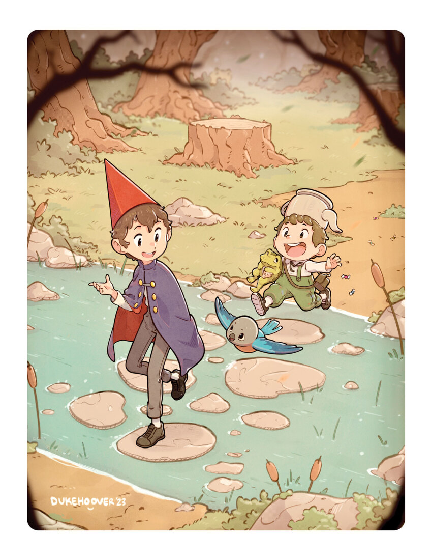 1girl 2boys artist_name bird brothers brown_hair commentary dirt_road dukehooverart english_commentary frog full_body gregory_(over_the_garden_wall) hat highres male_focus multiple_boys nature over_the_garden_wall road scenery siblings teeth tree_stump upper_teeth_only wirt_(over_the_garden_wall)