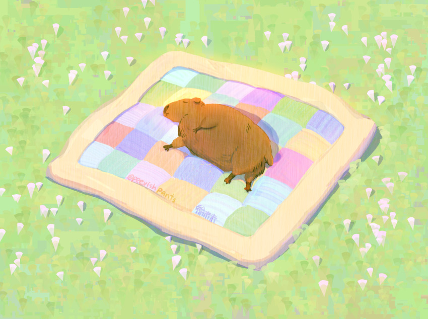 animal animal_focus artist_name blanket capybara closed_eyes commentary day english_commentary fat flower from_above full_body grass highres lying no_humans on_side original outdoors quilt sleeping solo twitter_username weiwei_(peevishpants) white_flower