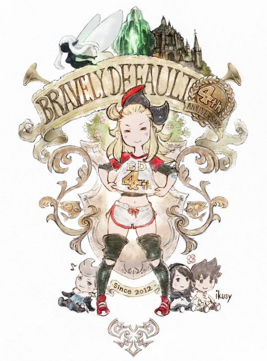 1girl agnes_oblige anniversary blonde_hair bow bravely_default:_flying_fairy bravely_default_(series) castle closed_eyes clothes_grab doll edea_lee fairy fairy_wings gym_shirt gym_shorts hair_bow hair_ornament highres ikusy navel official_art over-kneehighs ringabel shirt shirt_grab shoes shorts smile sneakers sportswear square_enix stuffed_toy thighhighs tiz_arrior wings