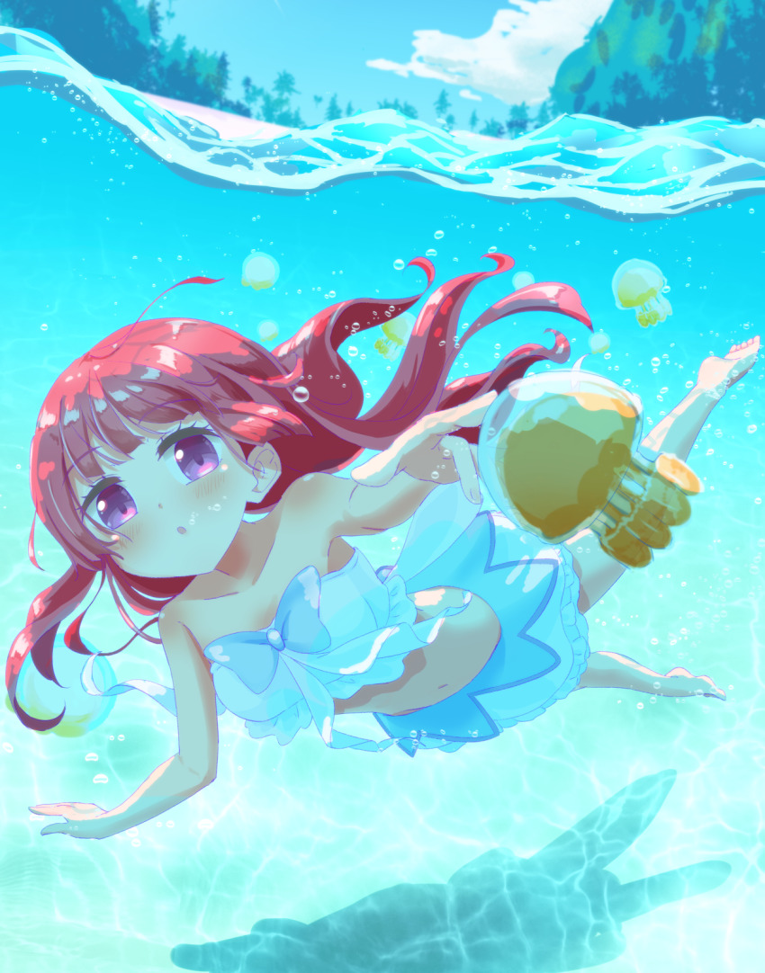 1girl ahoge air_bubble bare_shoulders barefoot bikini blowing_bubbles blunt_bangs breasts bubble cleavage commentary_request highres hojo_sophy jellyfish long_hair navel open_mouth pretty_series pripara purple_eyes red_hair skirt small_breasts solo submerged swimming swimsuit underwater very_long_hair white_bikini white_skirt