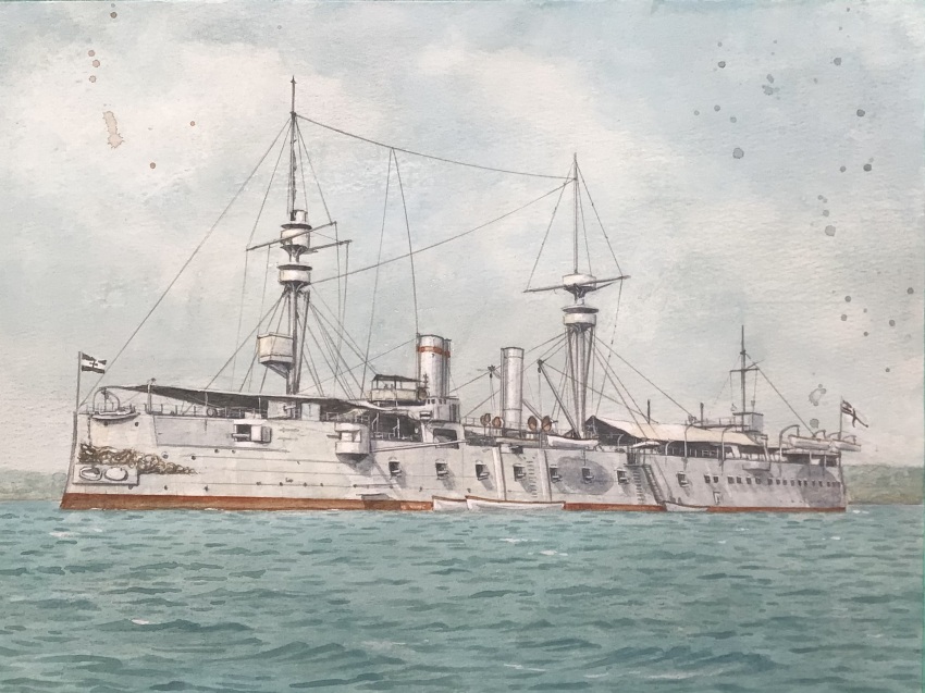 atelier_bono cannon cruiser highres imperial_german_navy konig_wilhelm_(cruiser) mast military_vehicle no_humans ocean original painting_(medium) ship sky smokestack traditional_media vehicle_focus warship watercolor_(medium) watercraft