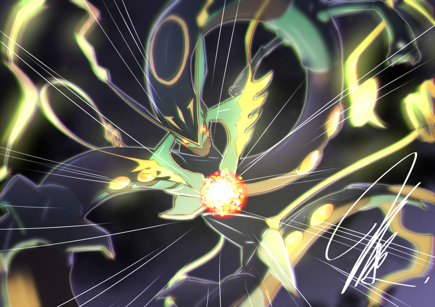 absurdres arms_up aura chromatic_aberration claws colored_sclera dragon dynamic_pose energy_ball fangs fireball game_freak gen_3_pokemon glowing glowing_eyes gold_aura highres legendary_pokemon looking_at_viewer mega_pokemon mega_rayquaza mitsukuma448 motion_lines nintendo open_mouth orange_sclera pokemon pokemon_(creature) rayquaza solo yellow_eyes