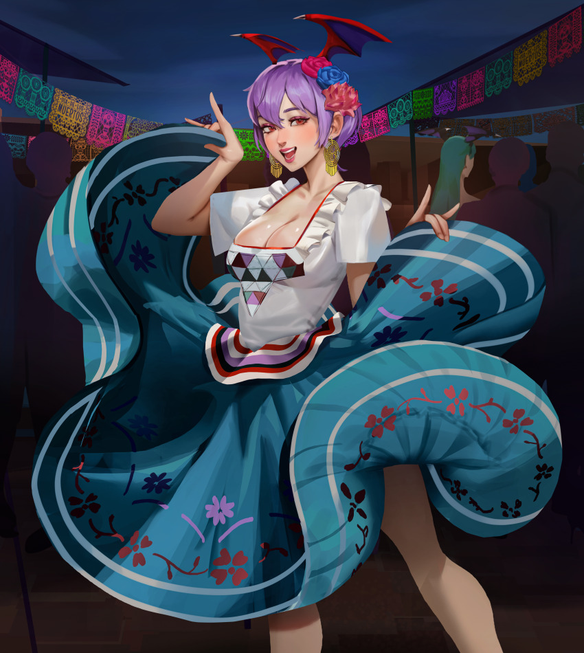 1girl absurdres alternate_costume blue_dress blue_flower blue_rose breasts cleavage dress earrings feet_out_of_frame flower frills hair_flower hair_ornament hands_up highres holding holding_unworn_clothes holding_unworn_dress jewelry leoquezadilla lilith_(darkstalkers) looking_at_viewer medium_breasts mexican_dress open_mouth print_dress purple_hair red_eyes red_flower red_rose rose short_hair skirt_hold smile solo darkstalkers