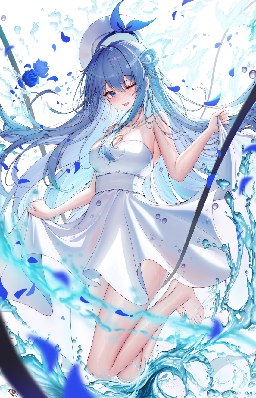 1girl absurdres bare_shoulders barefoot blue_eyes blue_hair blush breasts cleavage colored_inner_hair dress hat highres large_breasts lilac_(k32420276) long_hair looking_at_viewer multicolored_hair off-shoulder_dress off_shoulder one_eye_closed open_mouth original smile solo toes wet wet_clothes white_dress white_hair white_hat
