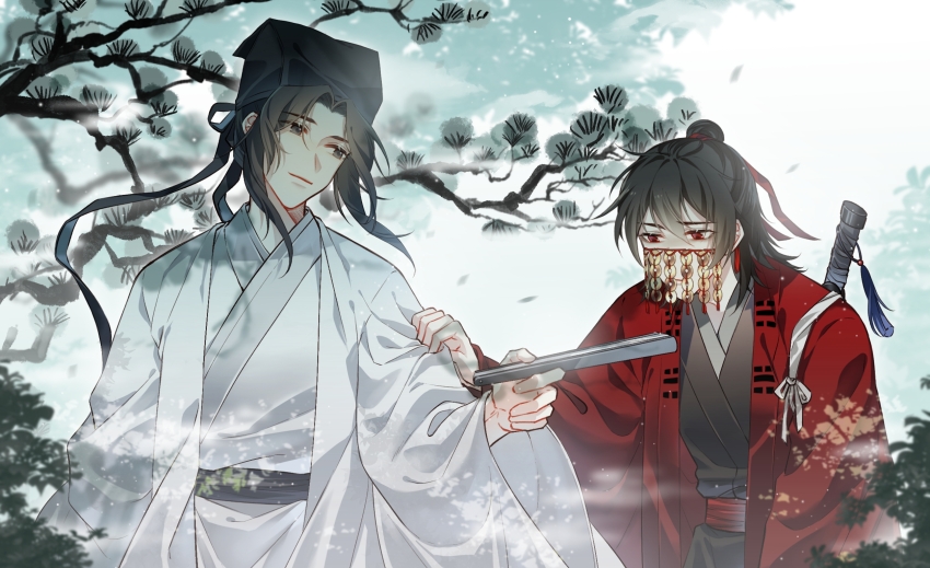 2boys artist_request black_eyes black_hair black_hanfu black_hat black_ribbon black_sash braid chinese_clothes chinese_commentary clothes_grab coat coin commission covered_mouth dao_gui_yi_xian day folded_fan folding_fan hair_bun half_updo hand_fan hanfu hat hat_ribbon highres holding holding_fan holed_coin jin_(headwear) leaf li_huowang long_hair long_sleeves looking_at_another looking_at_viewer male_focus mask mouth_veil multiple_boys outdoors red_coat red_eyes red_ribbon red_sash ribbon robe sash second-party_source sidelocks single_braid sky smoke snow snowing standing sword sword_on_back tassel tree upper_body veil weapon weapon_on_back white_hanfu white_robe wide_sleeves yaoi zhouzi_jin_(headwear) zhuge_yuan