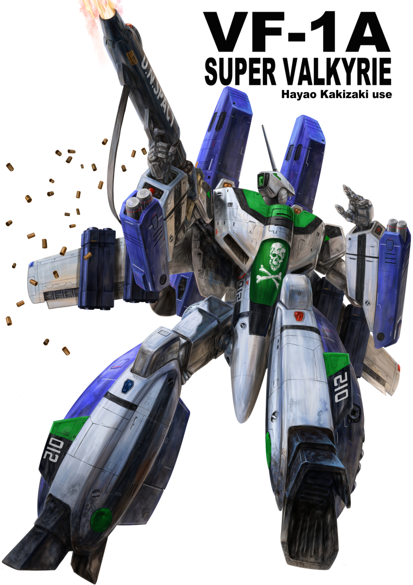 1980s_(style) absurdres battle commentary_request damaged dirty energy_cannon firing gunpod highres jolly_roger kakizaki_hayao macross macross:_do_you_remember_love? mecha missile missile_pod no_humans official_style oldschool realistic retro_artstyle robot roundel science_fiction shell_casing simple_background solo strap takani_yoshiyuki_(style) u.n._spacy variable_fighter vf-1 vf-1_super vf-1a zandan_zero_to_na!?