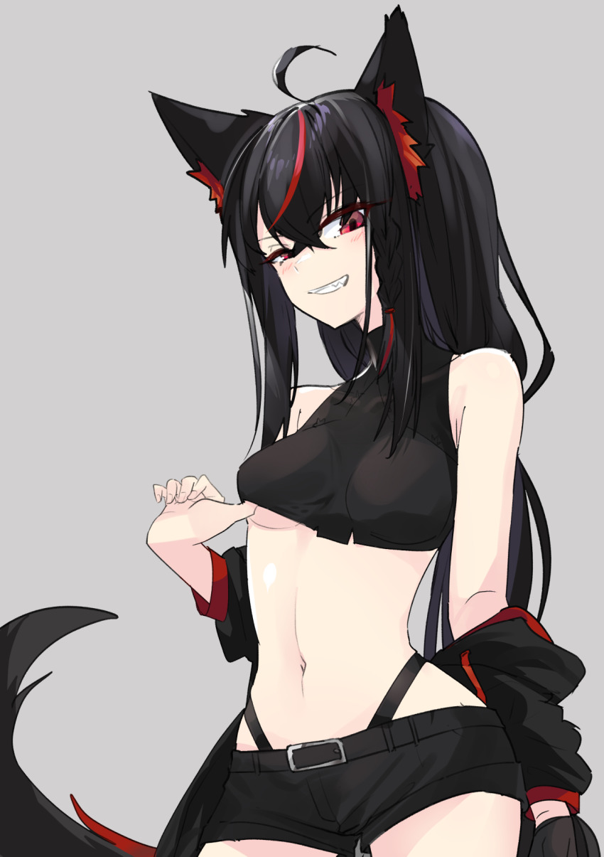 1girl ahoge animal_ear_fluff animal_ears bare_shoulders black_hair fox_ears grey_background highres hololive jacket jacket_partially_removed kurokami_fubuki long_hair midriff multicolored_hair navel red_eyes red_hair short_shorts shorts simple_background solo streaked_hair very_long_hair virtual_youtuber zooanime