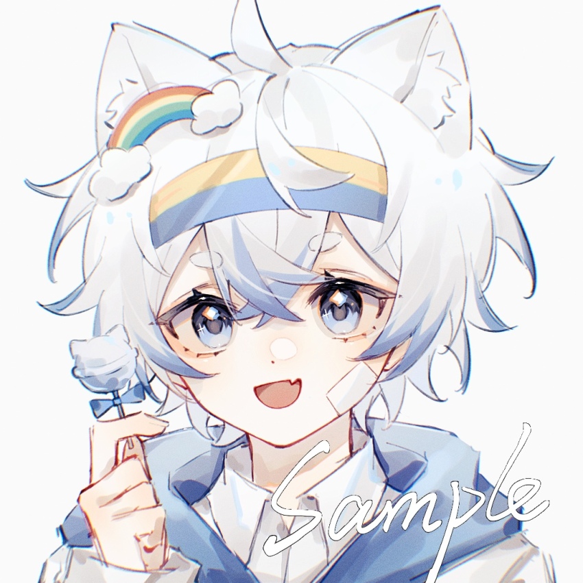 1boy ahoge animal_ear_fluff animal_ears bai_li_xuan blue_bow blue_eyes blue_hairband bow candy cat_boy cat_ears collared_shirt double-parted_bangs fang food hair_between_eyes hairband holding holding_candy holding_food holding_lollipop lollipop long_sleeves looking_at_viewer male_focus open_mouth original portrait shirt short_hair simple_background skin_fang solo thick_eyebrows two-tone_hairband white_background white_hair white_shirt yellow_hairband