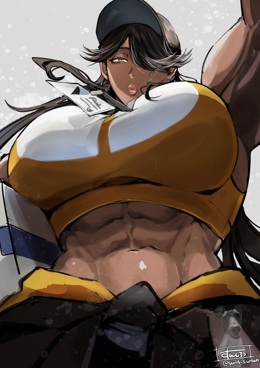1girl abs absurdres arm_up baseball_cap black_hair black_hat box breasts clothes_around_waist commentary_request dark-skinned_female dark_skin dog from_below grey_background hair_over_one_eye hat highres holding holding_box huge_breasts id_card jacket jacket_around_waist lanyard leader_(sunsirou) long_hair looking_at_viewer muscular muscular_female navel original parted_bangs pursed_lips signature solo sports_bra stomach sunsirou twitter_username upper_body yellow_eyes yellow_sports_bra