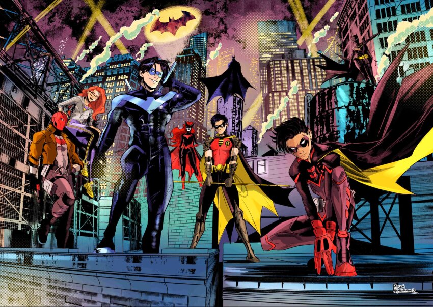 barbara_gordon bat_signal batgirl batman batman_(series) batman_symbol batwoman belt black_bodysuit black_gloves black_hair bodysuit brown_jacket bruce_wayne cassandra_cain commentary cowl damian_wayne dc_comics dick_grayson domino_mask english_commentary escrima_sticks eye_mask gloves grey_bodysuit highres holding jacket jason_todd mask multicolored_bodysuit multiple_boys muscular muscular_male nightwing open_clothes pants pat_m_art red_hood_(dc) red_mask robin_(dc) short_hair superhero_costume taut_bodysuit tim_drake two-tone_bodysuit utility_belt western_comics_(style)