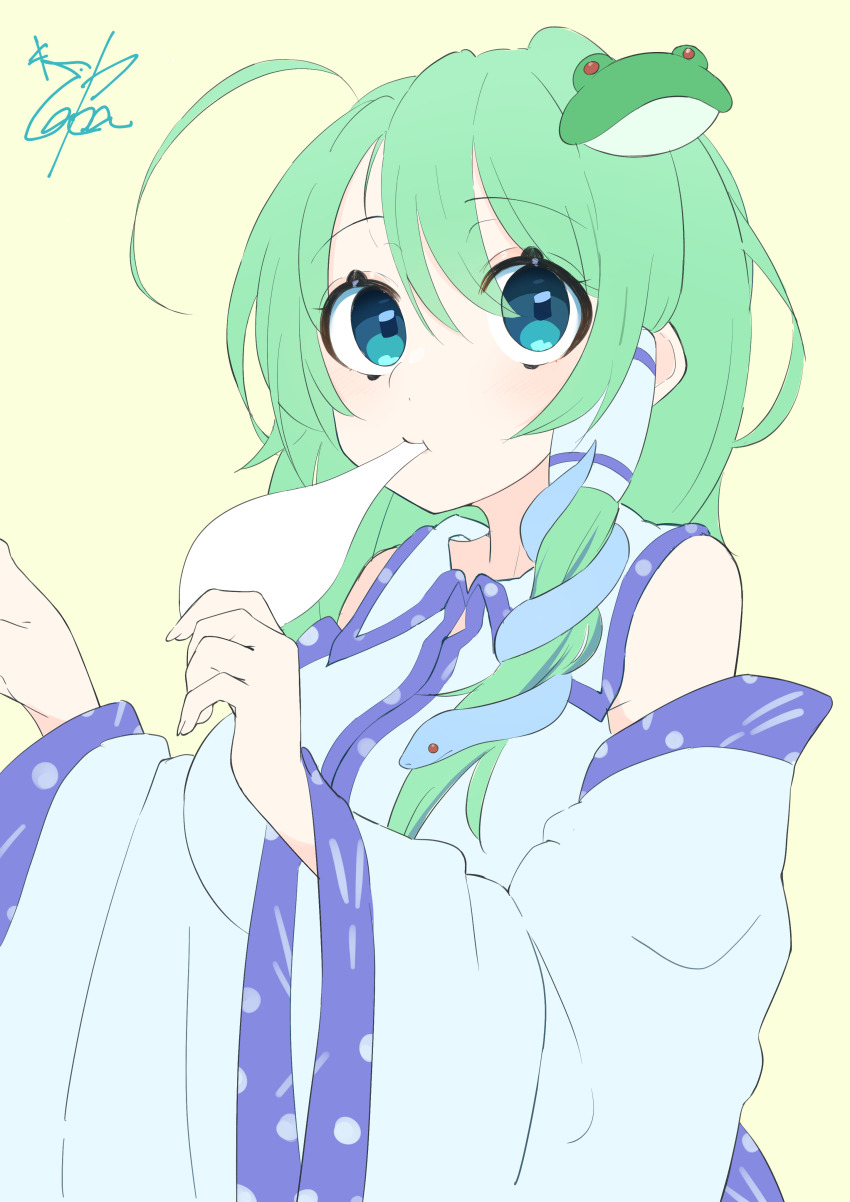 1girl absurdres ahoge bare_shoulders blue_eyes blue_skirt breasts collared_shirt detached_sleeves dot_nose double-parted_bangs eating food frog_hair_ornament green_hair hair_ornament hair_tubes highres kochiya_sanae large_breasts long_hair long_sleeves looking_at_viewer mochi oyaki_zin patterned_clothing print_skirt shirt signature simple_background single_hair_tube single_sidelock skirt skirt_set sleeveless sleeveless_shirt snake_hair_ornament solo touhou upper_body wide_sleeves yellow_background