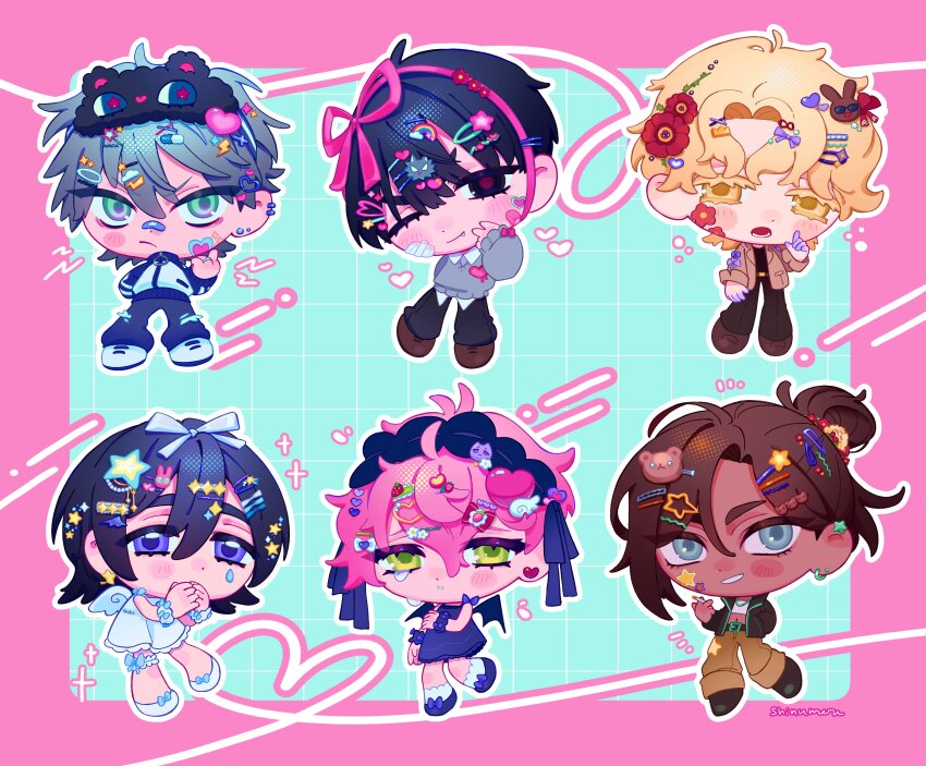 3boys 3girls absurdres alien_stage bear_hair_ornament black_eyes black_hair black_hairband black_jacket black_mask black_pants black_shoes blonde_hair blue_dress blue_eyes blue_jacket blue_pants bobby_pin bow brown_hair brown_jacket brown_pants brown_shoes chibi chibi_only colored_extremities colored_eyelashes commentary dark-skinned_female dark_skin dress fang flower frilled_hairband frills frown full_body green_eyes grey_eyes grey_hair grey_sweater hair_bow hair_bun hair_flower hair_ornament hair_ribbon hairband hairclip heart heart_hair_ornament highres hyuna_(alien_stage) ivan_(alien_stage) jacket luka_(alien_stage) mask mask_on_head mizi_(alien_stage) multiple_boys multiple_girls one_eye_closed open_mouth pants pill_hair_ornament pink_hair pink_ribbon rainbow_hair_ornament red_flower red_pupils ribbon shinumeru shoes sleep_mask smile star_(symbol) star_hair_ornament sua_(alien_stage) sweater tears till_(alien_stage) track_jacket track_suit white_bow white_dress white_shoes yellow_eyes