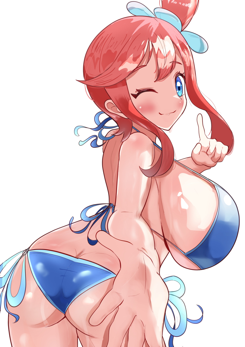 absurdres alternate_costume bikini blue_eyes breasts edwith27 game_freak highres huge_breasts nintendo pokemon pokemon_bw red_hair skyla_(pokemon) solo swimsuit
