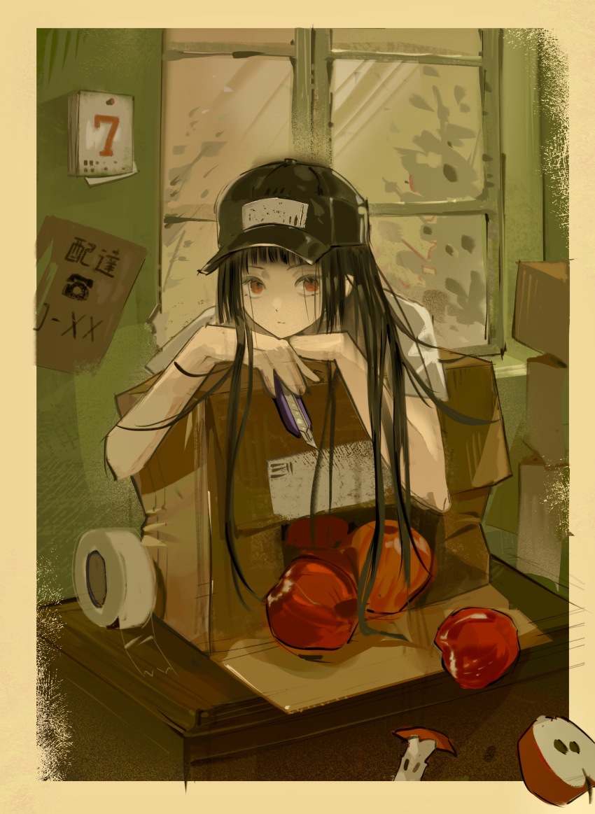 1girl 78404938 absurdres apple apple_core bare_arms baseball_cap black_hat blunt_bangs border box_stack boxcutter calendar_(object) chinese_commentary closed_mouth commentary_request desk dot_nose enma_ai expressionless food fruit hair_over_shoulder hand_on_own_chin hat highres hime_cut holding holding_knife indoors jigoku_shoujo knife light_frown long_hair open_box procreate_(medium) red_eyes shirt short_sleeves solo straight_hair t-shirt tape upper_body very_long_hair white_shirt window yellow_border