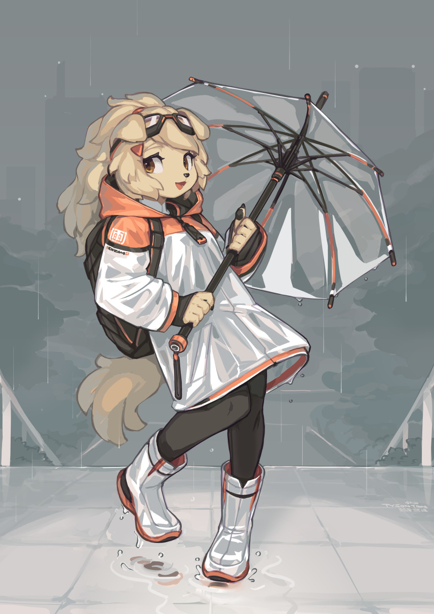 1girl 2018 2025 absurdres animal_ears backpack bag black_leggings blonde_hair boots brown_eyes chinese_commentary cityscape commentary contrapposto dog dog_ears dog_girl dog_tail english_commentary estinne_the_spirit_dog full_body furry furry_female high_ponytail highres holding holding_umbrella krita_(medium) leggings long_sleeves looking_at_viewer original ponytail rain raincoat rubber_boots see-through_clothes see-through_raincoat signature spirit_animals_in_disguise tail three_quarter_view tsurime tyson_tan umbrella wide_ponytail yellow_fur