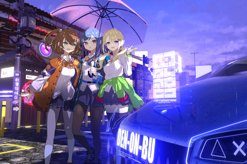 blonde_hair blue_hair bow bowtie breasts brown_hair denonbu green_eyes gurumaruhana hair_between_eyes hair_ornament hairclip hidaka_reina_(denonbu) highres jacket kayano_futaba long_hair long_sleeves looking_at_viewer multiple_girls open_clothes open_jacket open_mouth pleated_skirt red_eyes shinonome_kazune shirt skirt smile standing twintails white_shirt