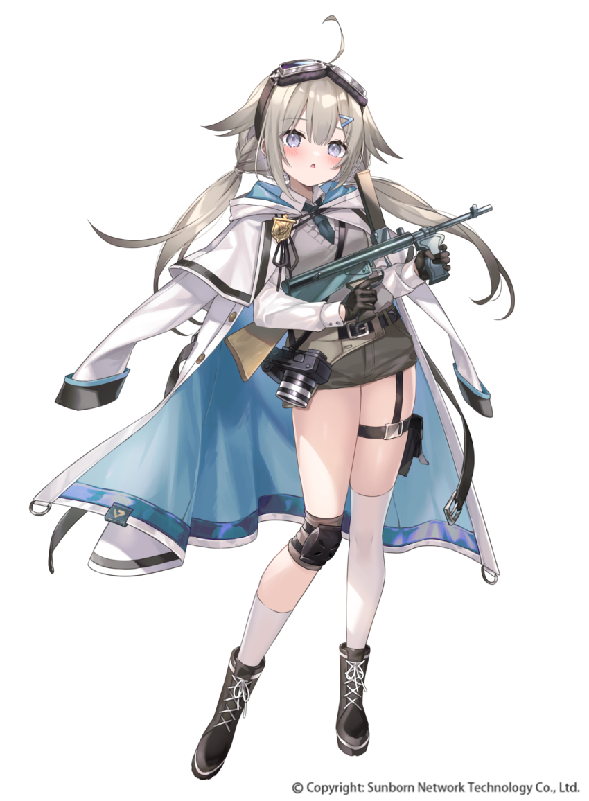 1girl ahoge asymmetrical_legwear belt belted_coat black_belt black_boots black_gloves blue_coat blue_eyes blue_necktie blush boots brown_shorts camera camera_around_neck coat coat_on_shoulders collared_shirt commentary_request company_name copyright_notice double-parted_bangs emblem full_body girls&#039;_frontline gloves goggles goggles_on_head grey_sweater_vest gun hair_ears hair_ornament hairclip highres holding holding_gun holding_weapon hood hood_down hooded_coat knee_pads kneehighs lace-up_boots light_brown_hair long_hair long_sleeves looking_at_viewer low_twintails necktie official_alternate_costume official_art open_clothes open_coat owen_(girls&#039;_frontline) owen_gun parted_lips pouch saiki_komari shirt shorts simple_background single_knee_pad single_kneehigh single_sock single_thighhigh socks solo standing sweater_vest thigh_pouch thighhighs trigger_discipline twintails two-sided_coat two-sided_fabric very_long_hair weapon white_background white_coat white_shirt white_socks white_thighhighs