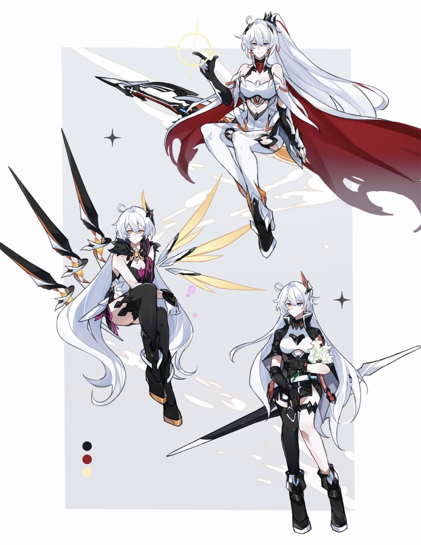 3girls absurdres bare_shoulders black_footwear black_gloves black_jacket black_thighhighs blue_eyes chinese_commentary commentary_request dress energy_wings full_body fur_collar gloves greatsword heterochromia high_ponytail highres holding holding_polearm holding_weapon honkai_(series) honkai_impact_3rd jacket kiana_kaslana kiana_kaslana_(herrscher_of_flamescion) kiana_kaslana_(herrscher_of_the_void) kiana_kaslana_(void_drifter) lance long_hair multiple_girls polearm ponytail shirt shiying_no_yao sitting sitting_on_weapon snapping_fingers sword thighhighs very_long_hair weapon white_dress white_hair white_shirt white_thighhighs yellow_eyes yellow_wings