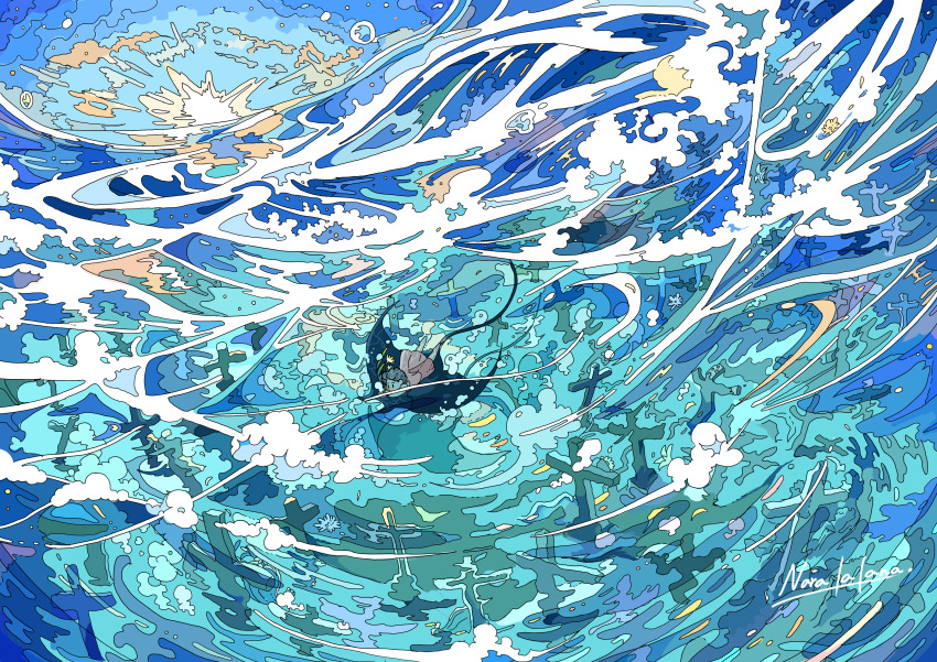 1girl absurdres artist_name brown_hair colorful commentary_request cross dress flood graveyard highres manta_ray nara_lalana ocean on_animal original outdoors pink_dress riding riding_animal short_hair sky solo tombstone underwater very_wide_shot