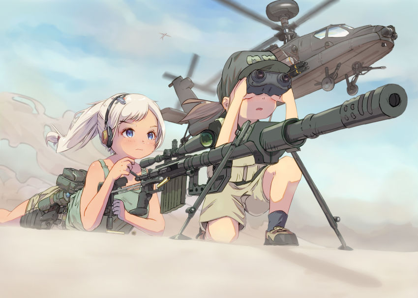 2girls agm-114_hellfire air-to-surface_missile aircraft airplane anti-tank_guided_missile anti-tank_missile binoculars blue_eyes blush call_of_duty call_of_duty:_modern_warfare_2 female_focus gun hat helicopter highres kneeling lying military military_uniform multiple_girls nep_(nep_76) on_stomach outdoors ponytail pouch precision-guided_munition rifle serious shell_casing shoes shorts sniper_rifle surface-to-surface_missile tank_top weapon white_hair