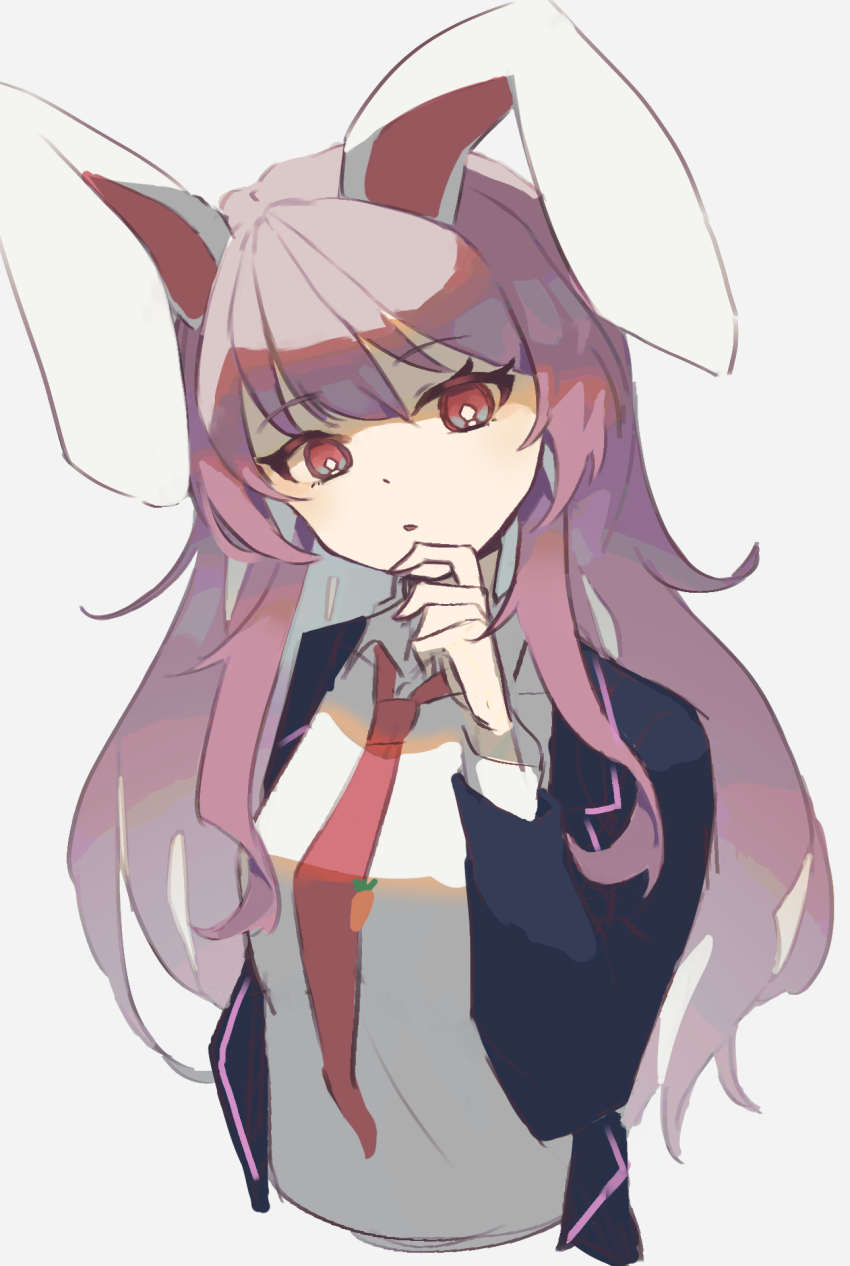 1girl animal_ears blazer facing_viewer hands_on_own_chin highres hinataku1222 imperishable_night jacket long_hair long_sleeves necktie one-hour_drawing_challenge purple_hair rabbit_ears rabbit_girl red_eyes red_necktie reisen_udongein_inaba simple_background solo touhou upper_body white_background
