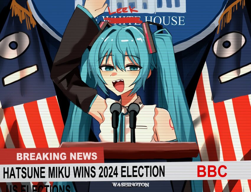 1girl american_flag aqua_eyes aqua_hair arm_tattoo arm_up bbc_(broadcaster) black_sleeves breaking_news commentary detached_sleeves english_commentary english_text hatsune_miku highres lectern long_hair microphone mykokampfwagen news scanlines sharp_teeth shirt solo tattoo teeth twintails vandalism vocaloid white_shirt