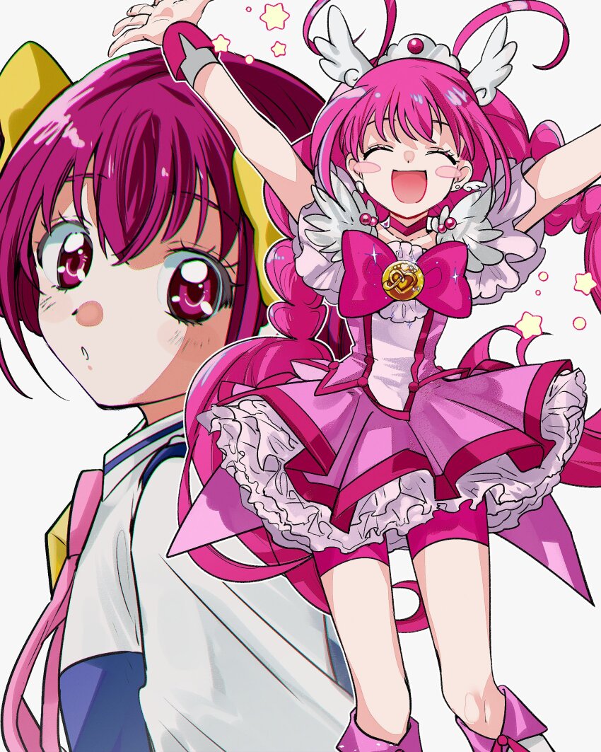 1girl absurdres arms_up asako_(itiba) blush_stickers boots bow brooch choker circle_skirt closed_eyes commentary cure_happy dress drill_hair dual_persona eyelashes facing_viewer flat_chest fold-over_boots frilled_dress frills hair_bow hair_ornament heart heart_brooch highres hoshizora_miyuki jewelry knee_boots long_hair looking_at_viewer low_twintails magical_girl open_mouth parted_lips pink_bow pink_choker pink_dress pink_eyes pink_hair pink_shorts precure puffy_short_sleeves puffy_sleeves school_uniform short_hair short_sleeves shorts shorts_under_dress simple_background smile smile_precure! star_(symbol) tareme tiara twin_drills twintails very_long_hair white_background wing_hair_ornament wrist_cuffs yellow_bow
