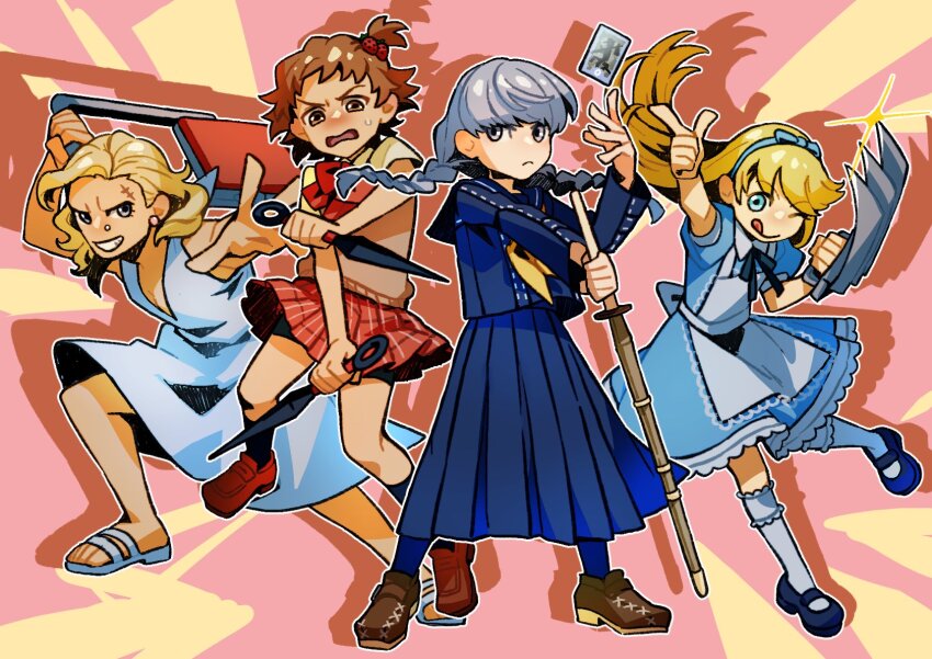 4boys :q apron bike_shorts bike_shorts_under_skirt black_skirt black_socks blonde_hair blue_dress braid brown_eyes brown_hair crossdressing dress food-themed_hair_ornament grey_hair hair_ornament hanamura_yousuke highres holding holding_weapon kuma_(persona_4) kunai long_hair male_focus multiple_boys narukami_yu neckerchief nose_piercing one_eye_closed persona persona_4 piercing red_skirt sailor_collar scar scar_on_face school_uniform serafuku shoes simple_background skirt socks sparkle ssd_h2p7 strawberry_hair_ornament tatsumi_kanji tongue tongue_out trap twin_braids weapon white_apron white_dress yellow_neckerchief