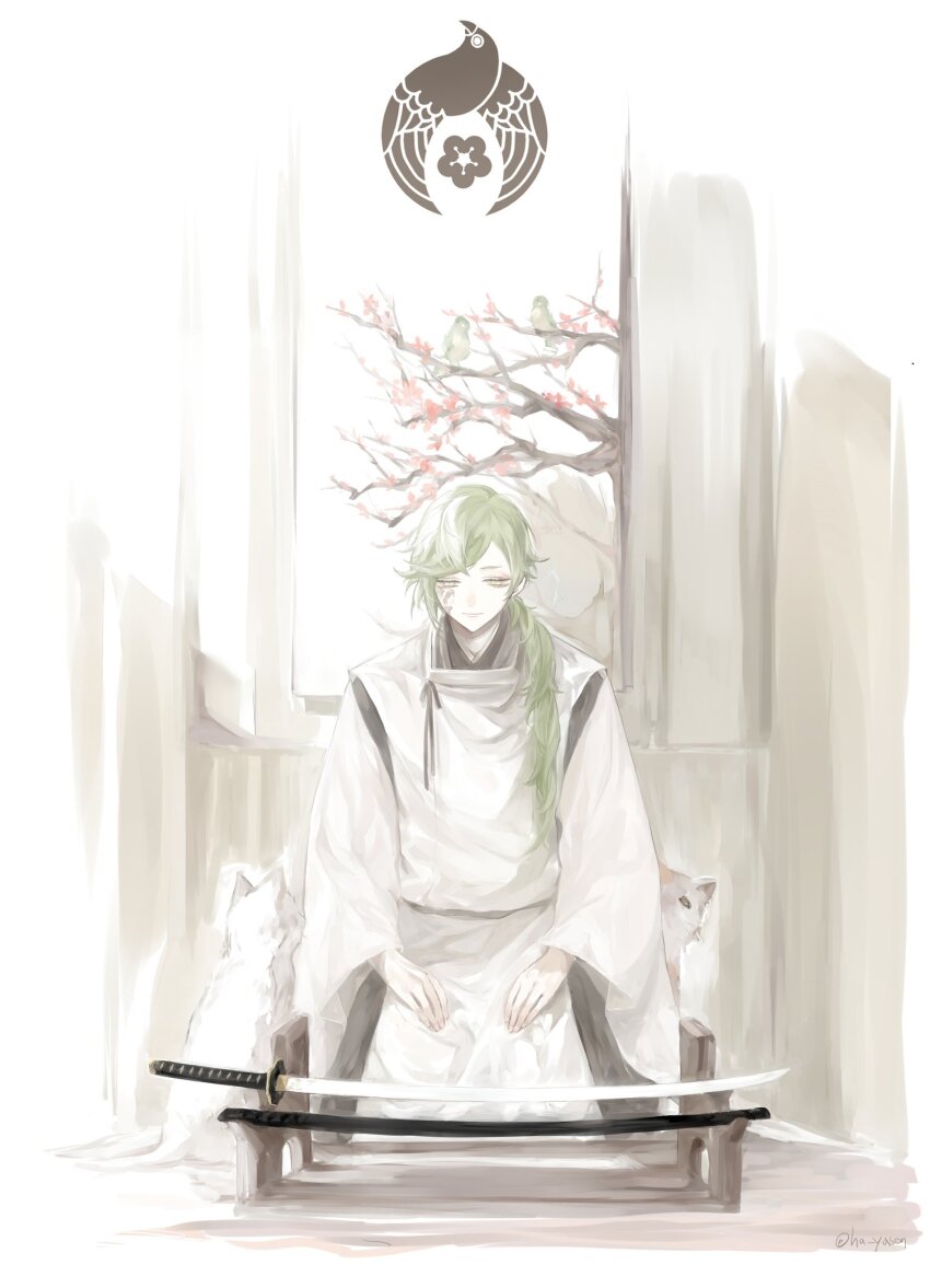 1boy black_kimono cat full_body green_eyes green_hair ha_yasen hair_over_one_eye hair_over_shoulder hands_on_lap highres indoors japanese_clothes kariginu katana kimono long_hair looking_at_viewer looking_down low_ponytail male_focus painting_(object) ponytail scar scar_on_face seiza sheath sitting smile solo straight-on swept_bangs sword touken_ranbu uguisumaru weapon weapon_rack white_cat
