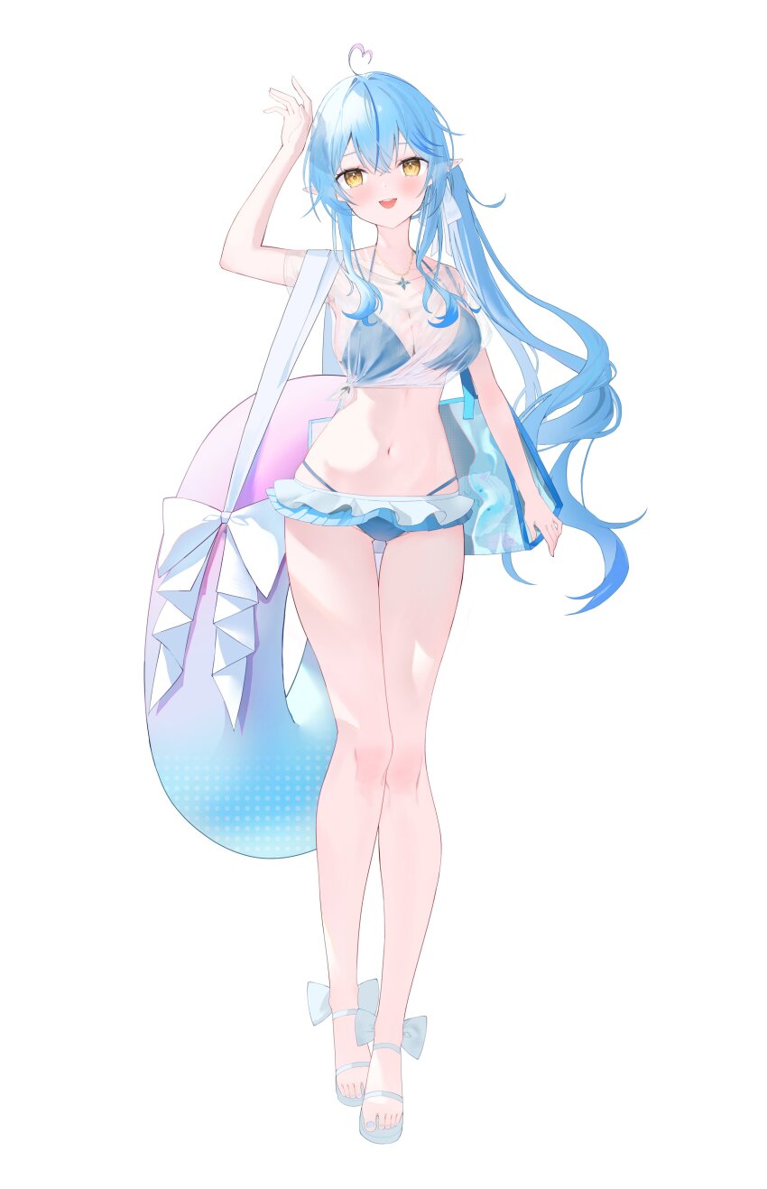 1girl absurdres ahoge aki_uzuki3 bikini blue_bikini blue_hair blush breasts cleavage elf full_body heart heart_ahoge highres hololive large_breasts long_hair multicolored_hair pink_hair pointy_ears see-through_clothes see-through_shirt shirt side_ponytail simple_background solo swim_ring swimsuit tied_shirt two-tone_hair virtual_youtuber white_background white_shirt yellow_eyes yukihana_lamy