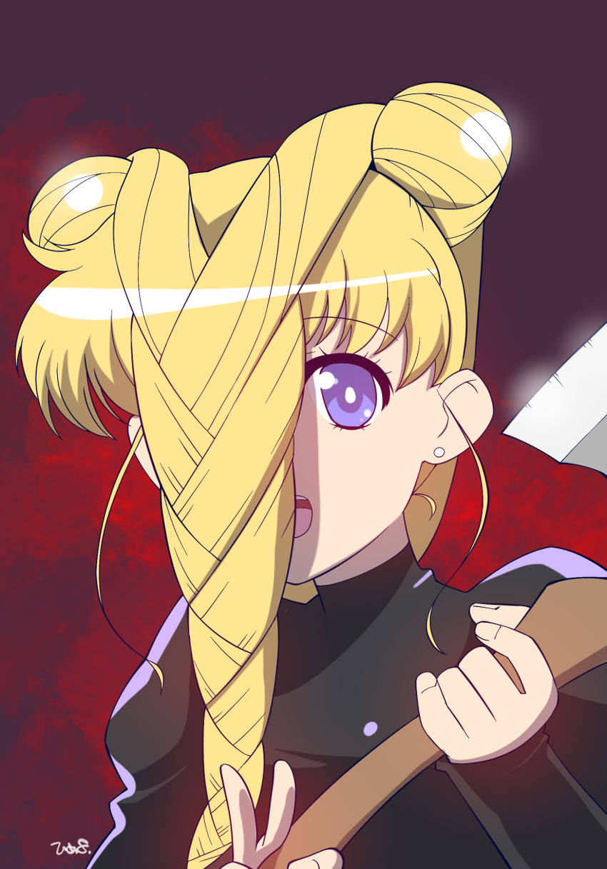 1girl axe bishoujo_senshi_sailor_moon blonde_hair blue_eyes braid bright_pupils cosplay double_bun earrings hair_bun hair_over_face highres himehachi_(hime8manga) holding holding_axe jewelry jujutsu_kaisen long_hair mei_mei_(jujutsu_kaisen) mei_mei_(jujutsu_kaisen)_(cosplay) mitsuishi_kotono open_mouth solo teeth tsukino_usagi upper_body upper_teeth_only voice_actor_connection white_pupils