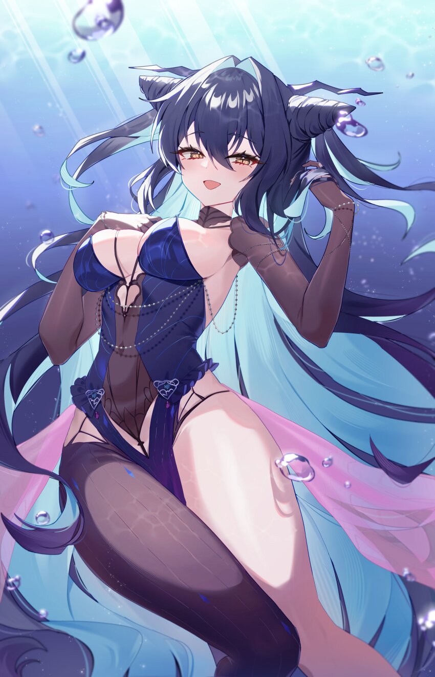 1girl absurdres aqua_hair breasts colored_inner_hair covered_navel dress goddess_of_victory:_nikke hair_intakes highres little_mermaid_(abyss_flower)_(nikke) little_mermaid_(nikke) long_hair multicolored_hair official_alternate_costume see-through_clothes see-through_dress solo tagme taiyaki12 yellow_eyes