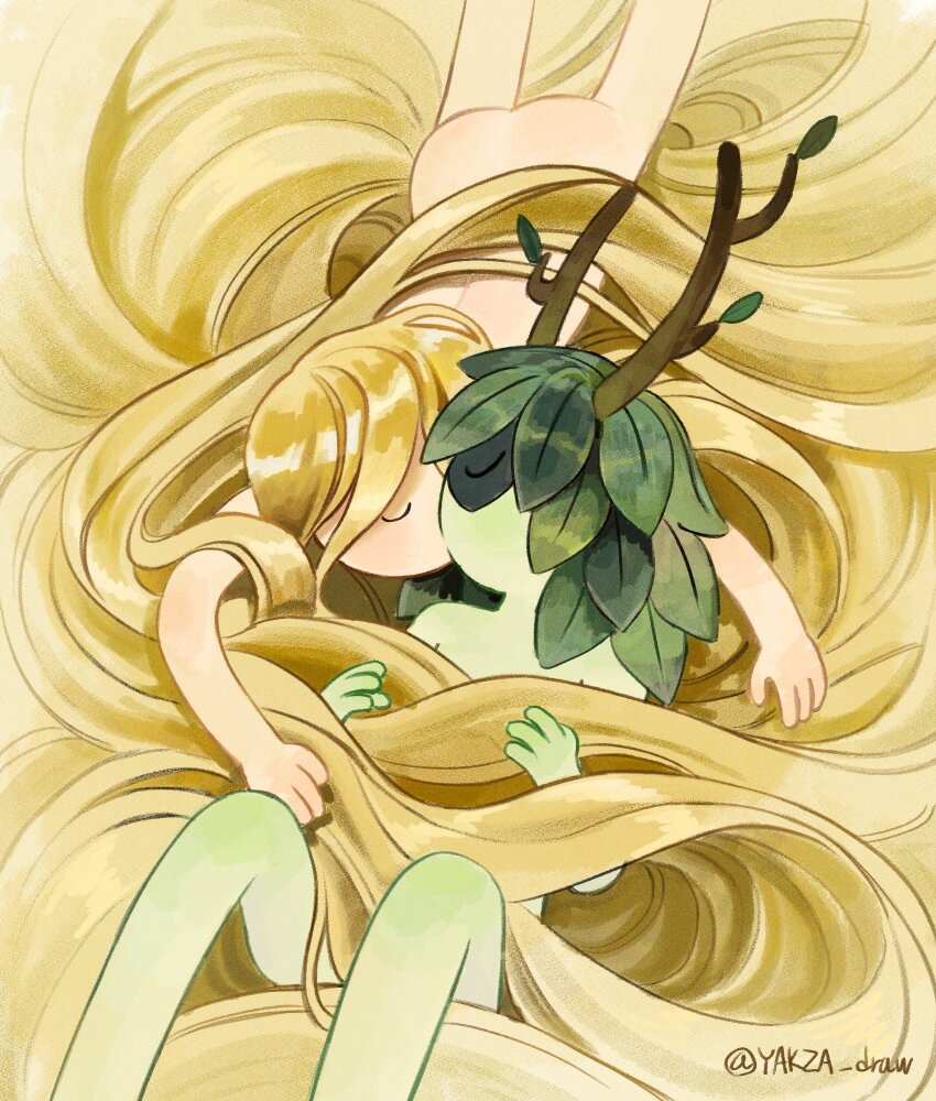 1boy 1girl absurdly_long_hair adventure_time antlers ass blonde_hair closed_eyes colored_skin completely_nude couple finn_the_human hair_branch hair_censor highres horns huntress_wizard kiss long_hair nude plant_hair very_long_hair yakza_draw