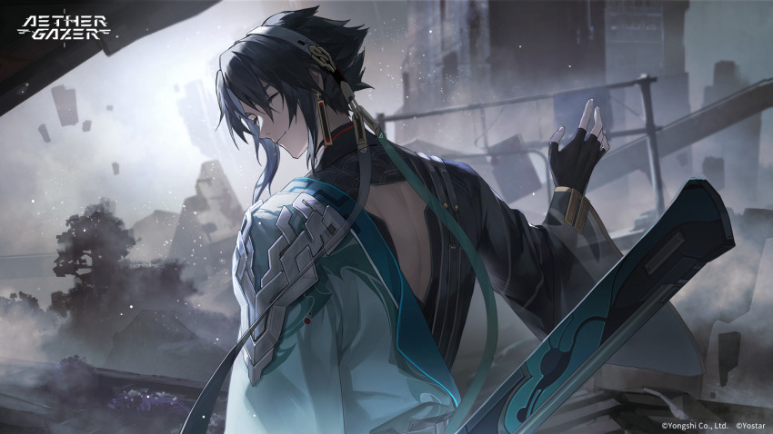 1boy aether_gazer artist_request black_gloves black_hair closed_eyes closed_mouth copyright_name copyright_notice earrings fingerless_gloves gloves hair_between_eyes hairband highres jewelry median_furrow mengzhang_(aether_gazer) metal_hairband official_art solo upper_body