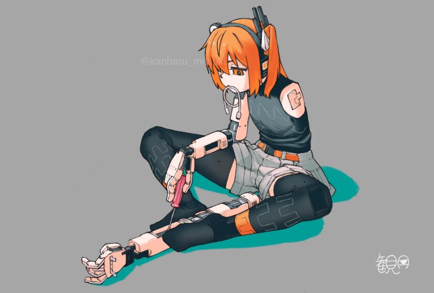 1girl a.i._voice adachi_rei android belt black_shirt black_thighhighs cable denim denim_shorts flat_chest grey_background grey_shorts hair_ribbon headlamp headphones highres holding holding_screwdriver kanbaru_mitsuki looking_at_object mouth_hold orange_belt orange_eyes orange_hair radio_antenna repairing ribbon robot screwdriver shirt shorts side_ponytail simple_background sitting sleeveless sleeveless_shirt solo thighhighs utau white_ribbon