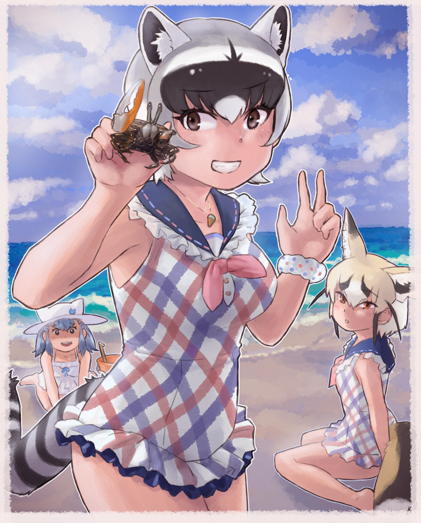 3girls absurdres animal animal_ear_fluff animal_ears armpits bare_arms bare_shoulders beach black_hair blonde_hair crab crab-eating_raccoon_(kemono_friends) day extra_ears fang fox_ears fox_girl fox_tail frills grey_hair grin hands_up hat highres hikari_(kemono_friends) holding holding_animal horizon jewelry kemono_friends kemono_friends_3 leaning_forward looking_at_viewer medium_hair multicolored_hair multiple_girls ocean one-piece_swimsuit open_mouth orange_eyes outdoors parted_lips pendant raccoon_ears raccoon_girl raccoon_tail rueppell&#039;s_fox_(kemono_friends) sand scrunchie sitting smile swimsuit tail toriny v wariza water white_hair wrist_scrunchie