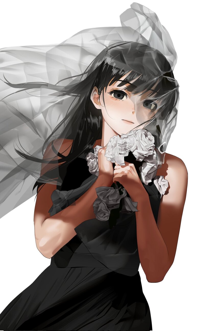 1girl bare_arms bare_shoulders black_dress black_eyes black_hair closed_mouth commentary_typo dress expressionless floating_clothes floating_hair floating_veil flower grey_veil hands_up highres long_hair looking_at_viewer o0hiruko0o osaragi_(sakamoto_days) rose sakamoto_days see-through_clothes see-through_veil shade simple_background solo straight_hair upper_body veil w_arms white_background white_flower white_rose wind