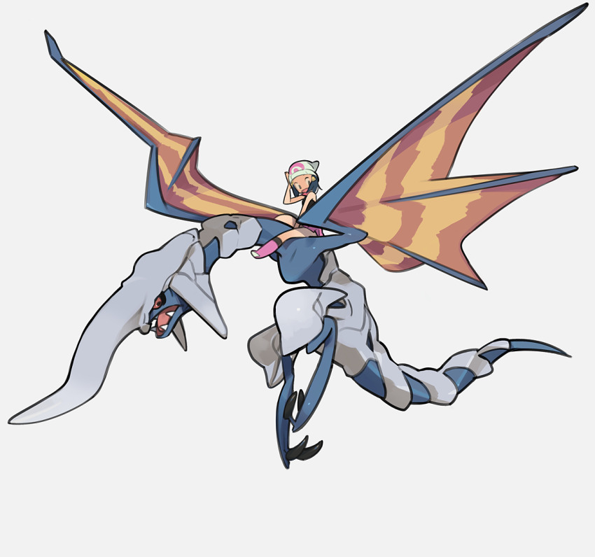 1girl amiami beanie blue_dragon_(panzer_dragoon) blue_eyes blue_hair boots crossover dawn_(pokemon) dragon full_body hair_ornament hairclip hat long_hair nintendo open_mouth panzer_dragoon pink_boots pokemon pokemon_dppt scarf shirt skirt sleeveless white_headwear