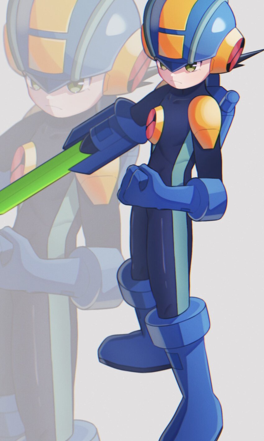 1boy arm_blade armor black_hair blue_bodysuit blue_boots blue_gloves blue_helmet bodysuit boots clenched_hand closed_mouth ea_exe0 gloves green_eyes helmet highres male_focus mega_man_(series) mega_man_battle_network_(series) megaman.exe shoulder_armor single_glove solo sword weapon white_background zoom_layer